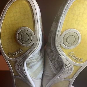 Cream and white Coach sneakers, size:9 1/2, Velcro strap, and very comfortable